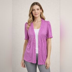 Bootheel Trading Purple Ruffle Trim Open Front Short Sleeve Cardigan L